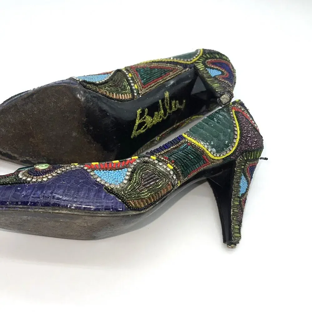 Bradley Levin Beaded Heels Womens 8 Charles Jourdan 80s 90s Vintage Rare Unique - Picture 10 of 15